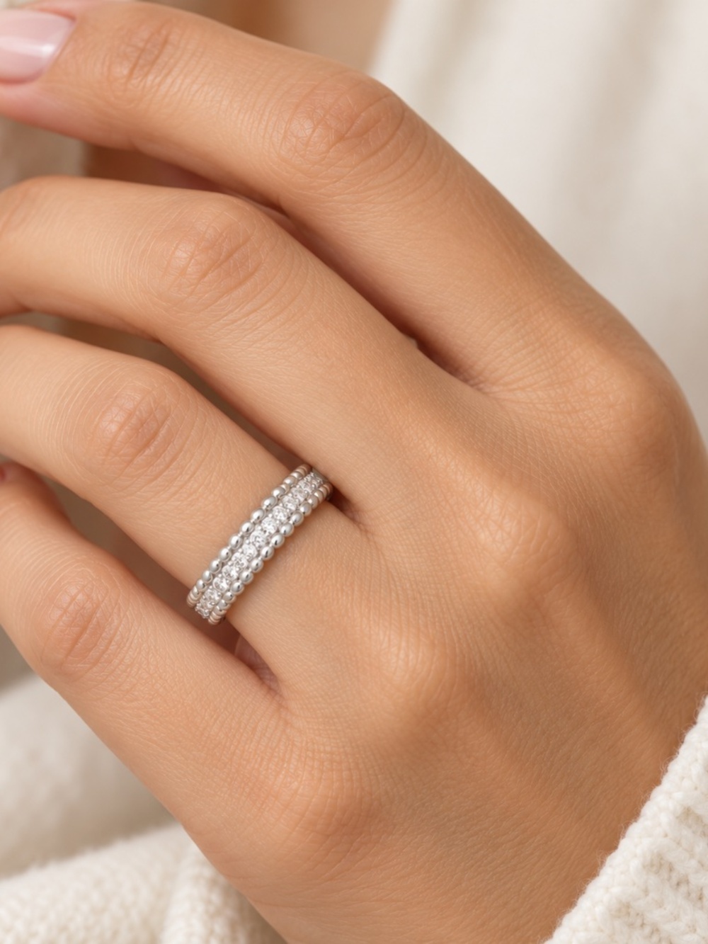 925 Sterling Silver CZ Beaded-Edge Stacking Ring